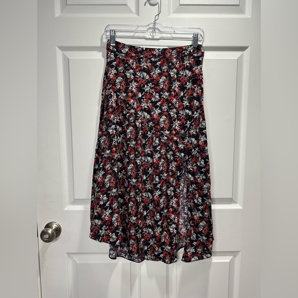 Zara Floral Print Slit Midi Skirt Black & Red Sz XS